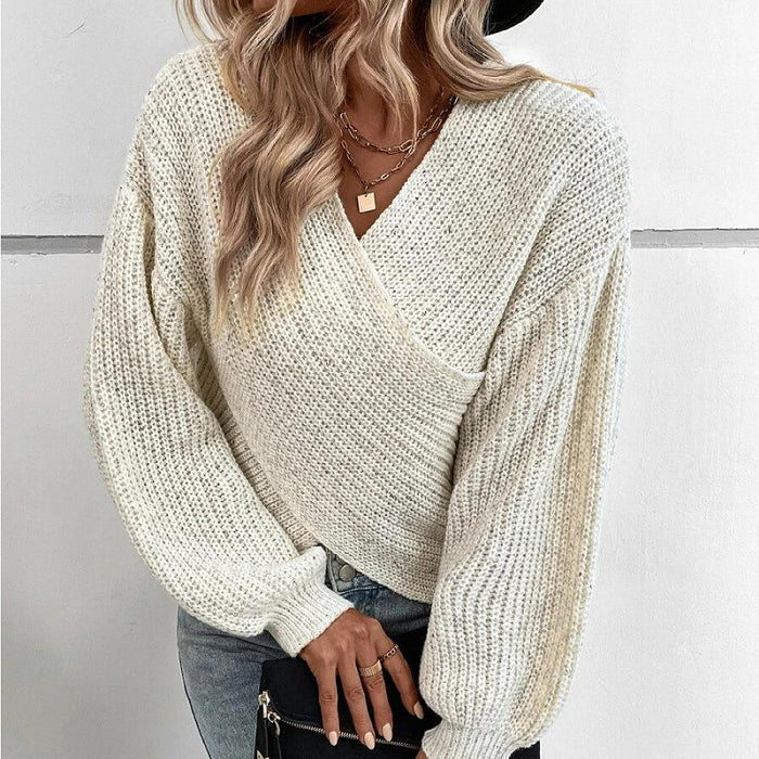 Fall Winter Sweater Women Clothing Elegant Cross V Neck Loose Pullover Women-Fancey Boutique