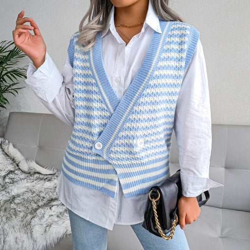 Color-Blue-Stripe College Knitted Vest Sweater Women Clothing-Fancey Boutique