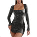 Color-Black-Best Women Clothes Sequined Rhinestone Sexy Semi See through Long Sleeve Short Dress-Fancey Boutique