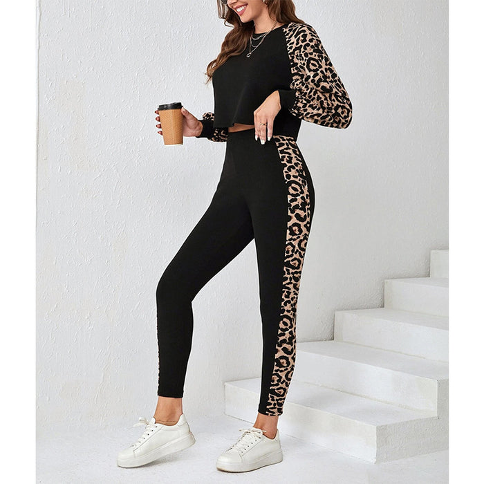 Color-Black Set-Women Clothing Leopard Print Comfortable Suit Outerwear Long Sleeved Tops Casual Long Pants-Fancey Boutique