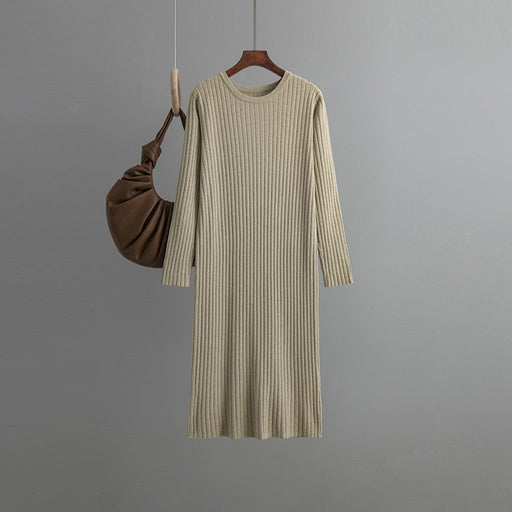 Color-Khaki-Autumn Winter Round Neck Loose Long Sleeves Knitted Dress Women Long below the Knee Underdress-Fancey Boutique