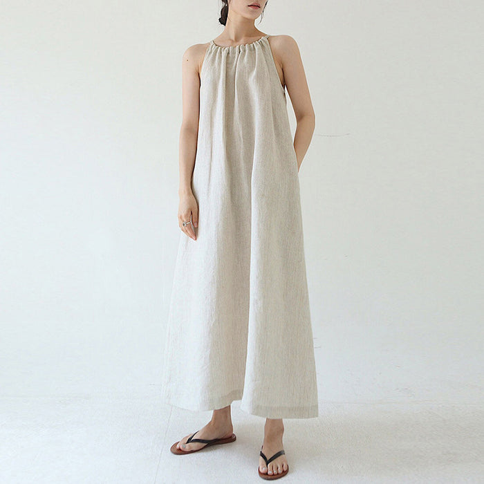 Color-Hemp Color-Cotton Linen Dress off Shoulder Halter French Loose Niche Mid Length Pure Linen Cotton Camisole Dress-Fancey Boutique