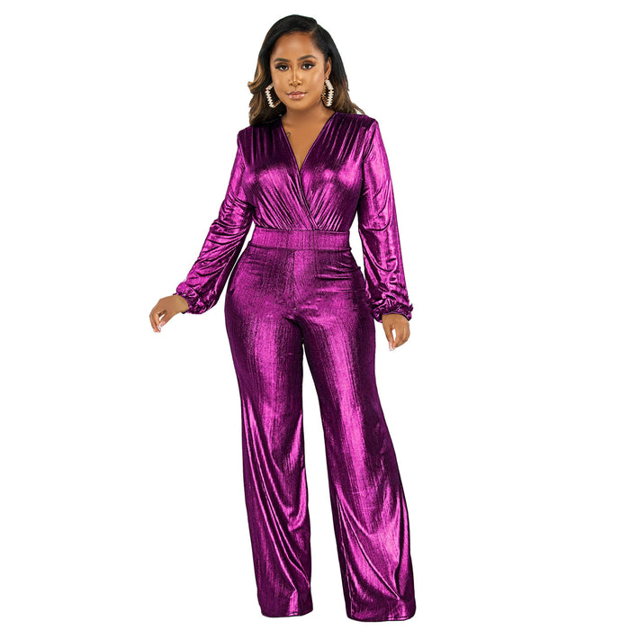 Color-Purple-Autumn Winter V neck Sexy Slim Fit Nightclub Long Sleeve Wide Leg Jumpsuit-Fancey Boutique