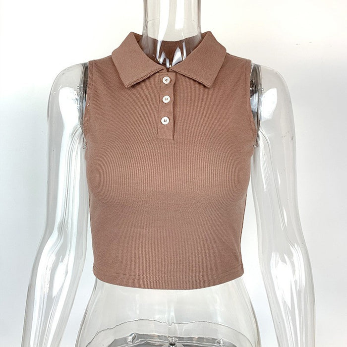 Arrival Summer Rib Polot Shirt Top Women Stand Alone Short Cropped Sleeveless Collared Vest-Coffee-Fancey Boutique