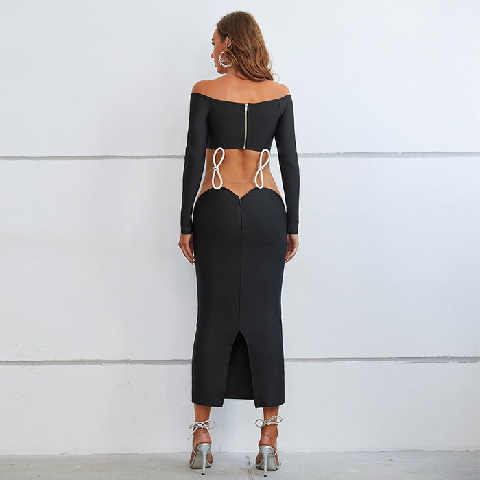 Color-Women Clothing Spring Dress Black Sexy Diamond Decorative off Shoulder Cropped Outfit Midi Dress Bandage Dress-Fancey Boutique