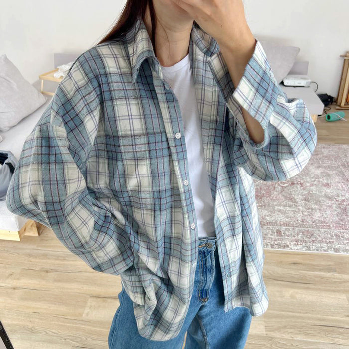 Summer Classic Collared Casual Plaid Single Breasted Shirt Office Cardigan for Women