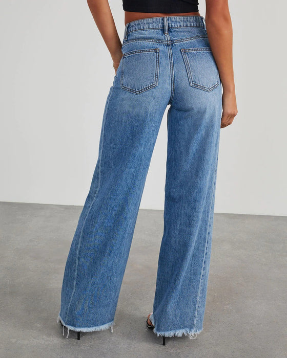 Loose Wide Leg Side Seam Stitching Frayed Hem Jeans Women-Fancey Boutique