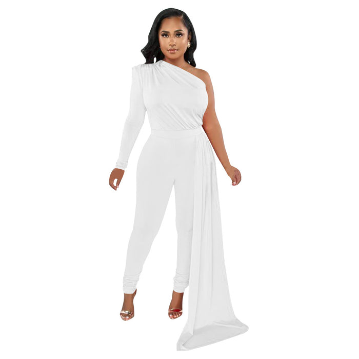 Color-White-Women Autumn Pleated Shoulder Solid Color Tight Jumpsuit Women-Fancey Boutique