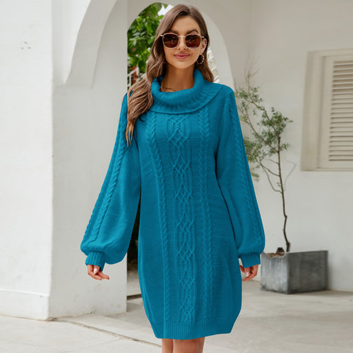 Color-Blue-Fall Winter Sweater Dress All-Matching Loose Knitted Dress Solid Color Twisted Long Turtleneck Sweater-Fancey Boutique