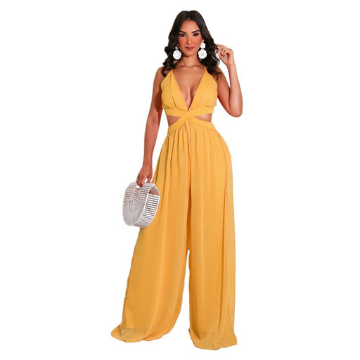 Color-Yellow-New Solid Color Casual Loose Chiffon Women Jumpsuit-Fancey Boutique