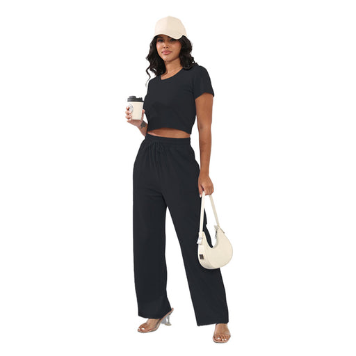 Summer Round Neck Short Sleeved Women Clothing Two Piece Suit Casual Wide Leg Pants Suit Cotton-Black-Fancey Boutique