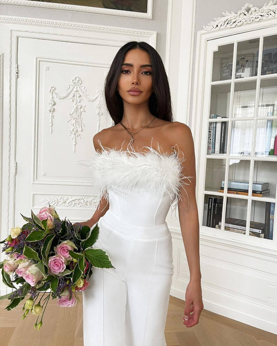Color-White-Spring Summer Women Clothing Sexy Deep V Plunge Feather Jumpsuit Casual Trousers-Fancey Boutique