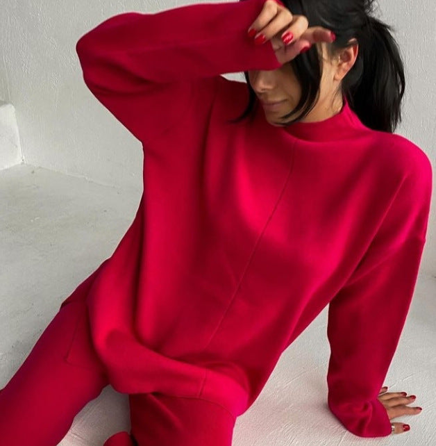 Color-Red Top-Autumn Winter Long Sleeve Loose Casual Sweater Knitted Top Trousers Set-Fancey Boutique