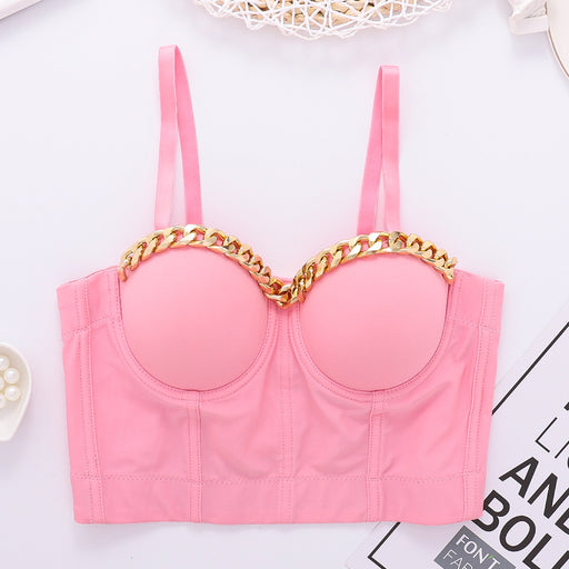 Color-Pink-Golden Chain Niche Camisole Women Hipster Exposed Cropped Boning Corset Tube Top Outer Wear Cool Top-Fancey Boutique