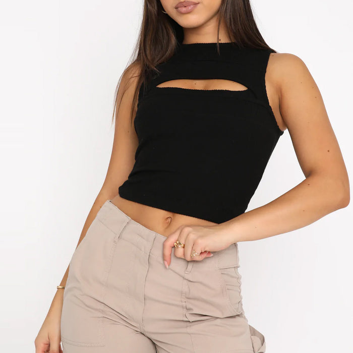 Color-Black-Spring Summer Hollow Out Cutout Vest Women All Matching Short Cropped Outfit Sexy Sexy Top Outerwear-Fancey Boutique