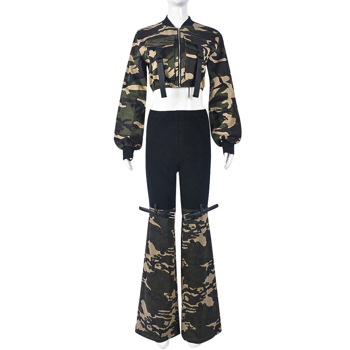 Color-Camouflage Suit-Modified Camouflage Long Sleeve Personality Cropped Outfit Stretch Denim Belt Trousers Set-Fancey Boutique