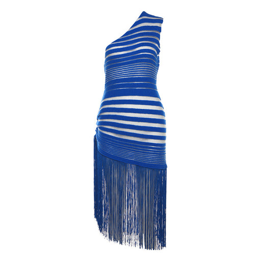 Summer Sexy One Shoulder Dress Women Hollow Out Cutout Solid Color Tassel High Slit Dress Women-Blue-Fancey Boutique
