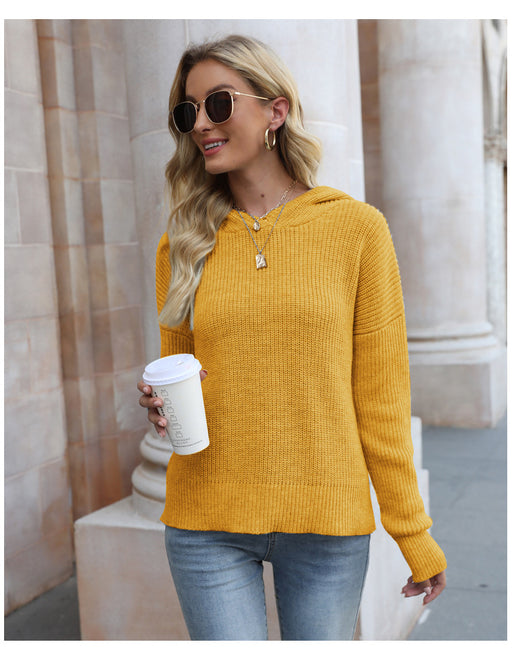 Color-Yellow Pullover-Autumn Winter Solid Color All Matching Hooded Knitwear Loose Sweater Loose Collar Pullover Women-Fancey Boutique