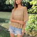 Color-Khaki-Spring Summer Round Neck Pullover Hollow Out Cutout Short Sleeve Casual Women Knitwear-Fancey Boutique