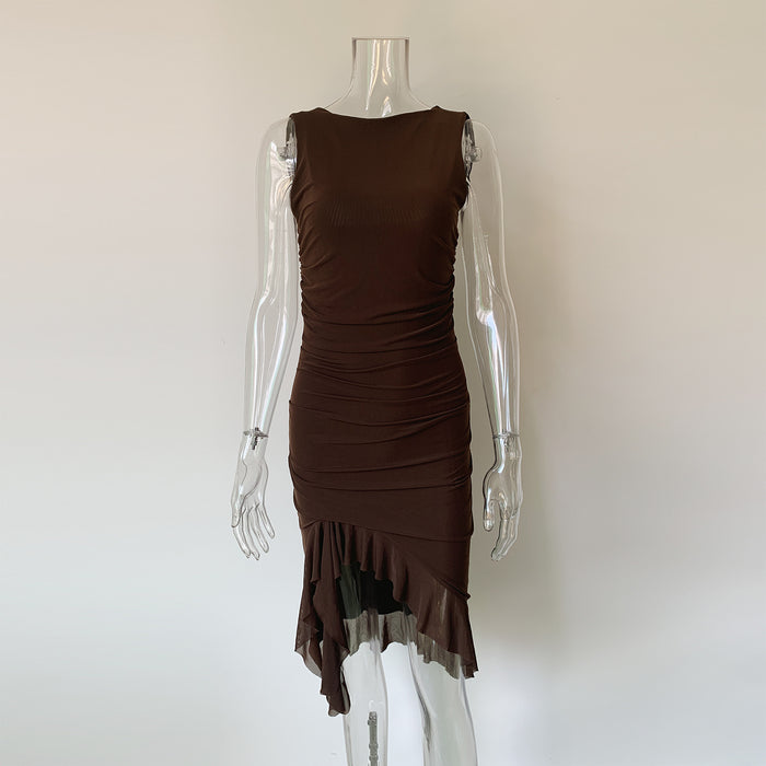 Women Clothing Mesh Pleated Ruffled Irregular Asymmetric Midi Dress Slim Backless Sleeveless Dress-Brown-Fancey Boutique