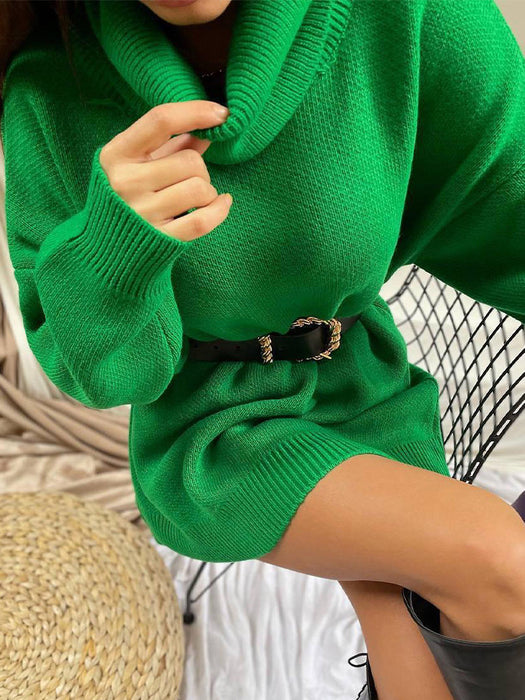 Color-Green-Women Long Sleeved Turtleneck Sweater Mid Length Thickened Warm Autumn Winter Sweater-Fancey Boutique