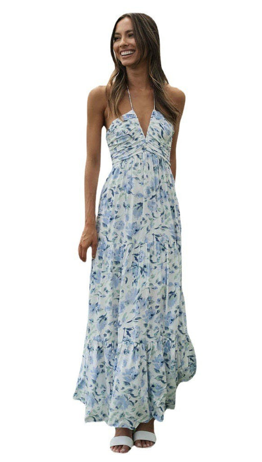 Color-Blue-Women V neck Brace Maxi Dress Elegant Shoulder Baring Sleeveless Sling-Fancey Boutique