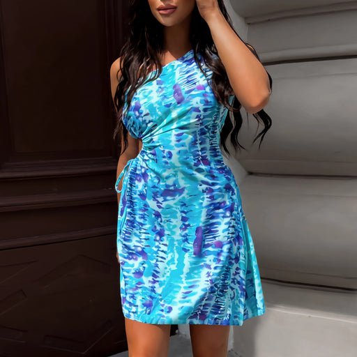 Sexy One Shoulder Diagonal Collar Tie Dyed Printed Dress Short Summer Women Clothing-Blue-Fancey Boutique