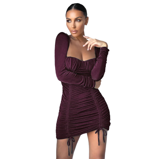 Color-Burgundy-Sexy Square Neck Elegant Dress Pleating Sheath Tight Dress-Fancey Boutique