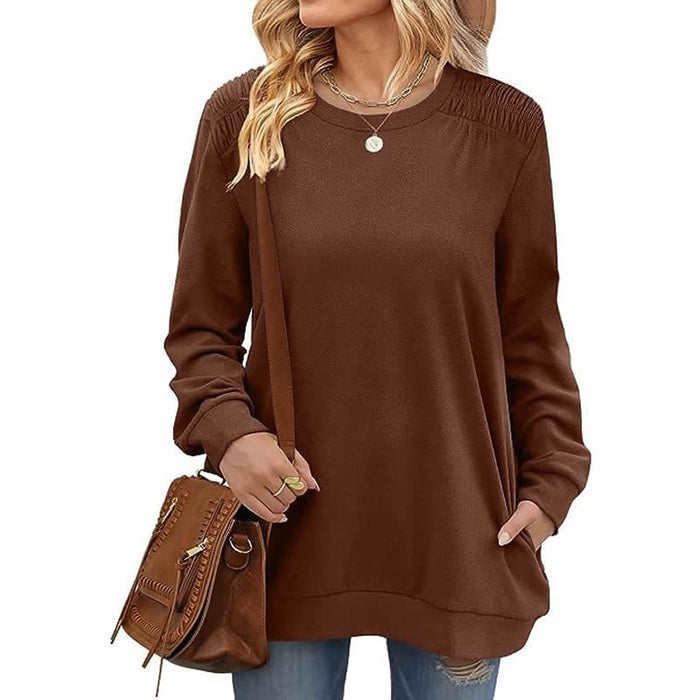 Color-Brown-Autumn Winter Solid Color round Neck Loose Casual Long Sleeve T shirt Top for Women-Fancey Boutique