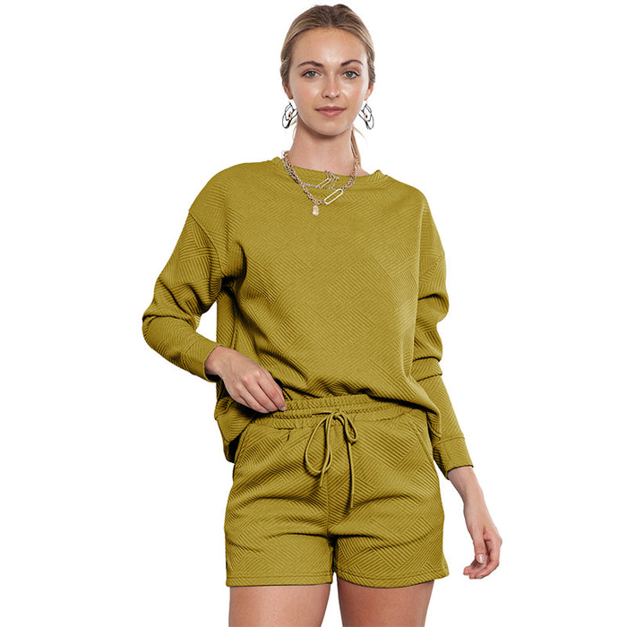 Color-Grass green-Loose Long Sleeve Shorts Two Piece Women Autumn Stylish Simple Texture Suit-Fancey Boutique