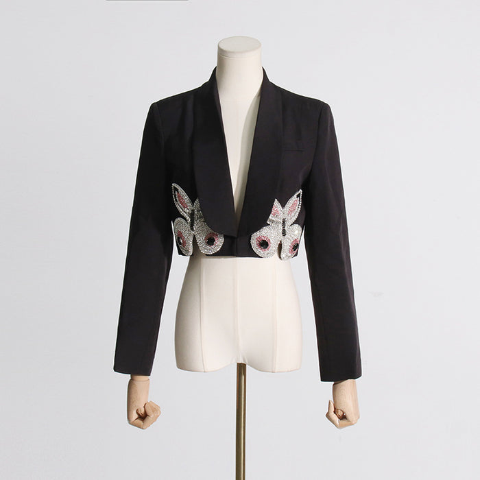 Color-Black Coat-Autumn Special Interest Light Luxury Heavy Industry Butterfly Decorative Blazer High Waist Skirt Two Piece Suit-Fancey Boutique