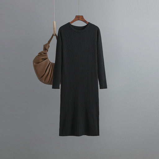 Color-Black-Autumn Winter Round Neck Loose Long Sleeves Knitted Dress Women Long below the Knee Underdress-Fancey Boutique