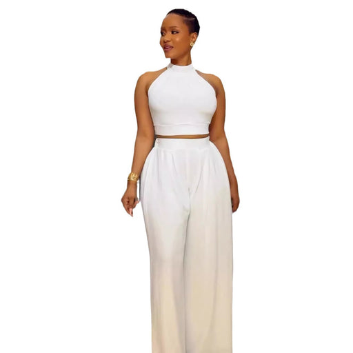 Sexy Pleated Sleeveless High Waist Top Wide Leg Pants Two Piece Set-White-Fancey Boutique