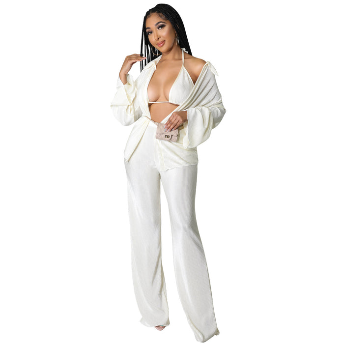 Color-White-Sexy Pleated Cardigan Three-Piece Set Women-Fancey Boutique