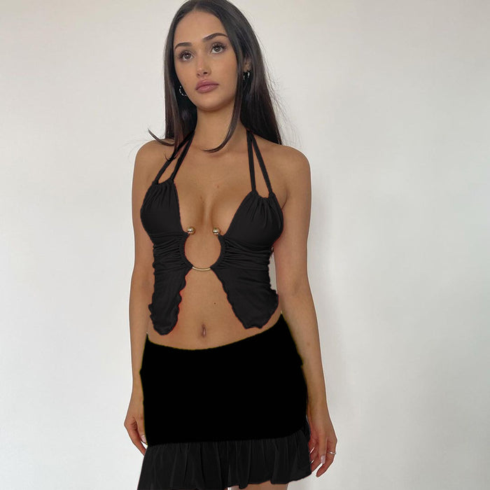 Metal Ring Hollow Out Cutout Halter Camisole Summer Sexy Cropped Top-Black-Fancey Boutique