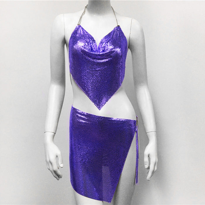 Color-Purple-Women Clothing Metal Sequ Sling Skirt Set Dress Sexy Metal Top Mini Skirt-Fancey Boutique