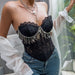 Retro Outerwear Bra Sexy Lace Hollow Out Cutout Rhinestone Tassel Boning Corset Tube Top-Black-Fancey Boutique