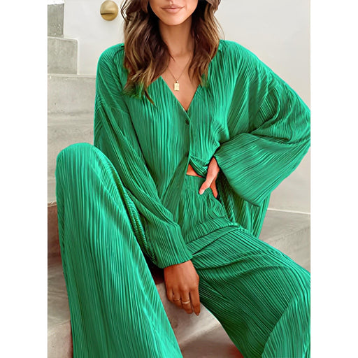 Color-Green-Spring Summer Women Solid Color Pleated Single Breasted Top High Waist Wide Leg Bell Bottoms Homewear Suit-Fancey Boutique