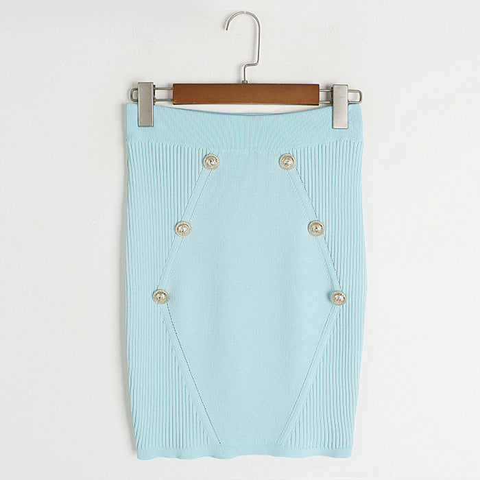 Color-Blue Skirt-Round Neck Metal Buckle Set Early Autumn Winter French Faux Pocket Stand Collar Jacket with Skirt Knitted Two Piece-Fancey Boutique