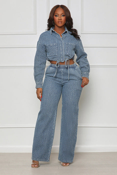 Color-Blue-Long Sleeved Trousers Denim Women Wear Two Piece Set-Fancey Boutique