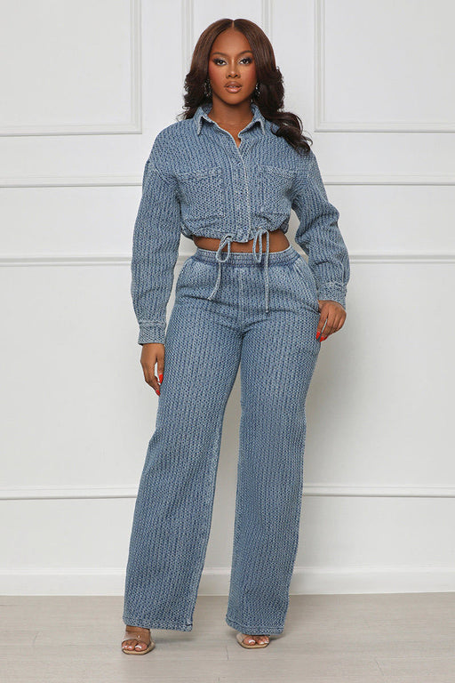 Color-Blue-Long Sleeved Trousers Denim Women Wear Two Piece Set-Fancey Boutique