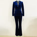 Color-Navy Blue-Autumn Winter Women Business Office One Button Pleuche Blazer Bell Bottom Pants Two Piece Set-Fancey Boutique