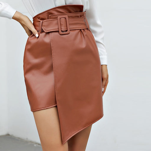 Color-Khaki-Autumn Winter Irregular Asymmetric All-Matching Sexy Hip Skirt Belt Solid Color Faux Leather Skirt Women-Fancey Boutique