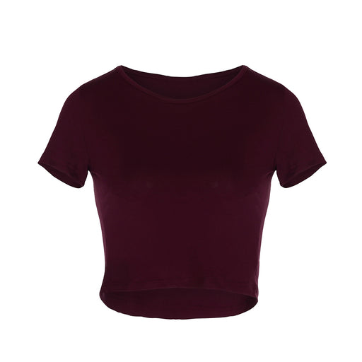Color-Burgundy-Spring Summer Round Neck Short Sleeve Vest Exposed Cropped Slim Fit Multi Color Women T Shirt-Fancey Boutique