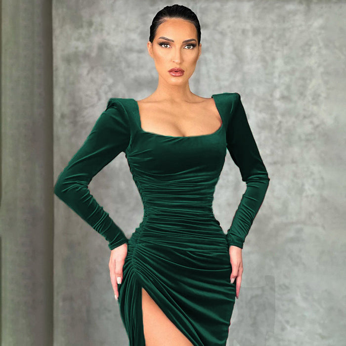 Color-blackish green-Women Clothing Winter Sexy Square Neck Fold High Waist Tuxedo Dress-Fancey Boutique