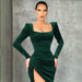 Color-blackish green-Women Clothing Winter Sexy Square Neck Fold High Waist Tuxedo Dress-Fancey Boutique