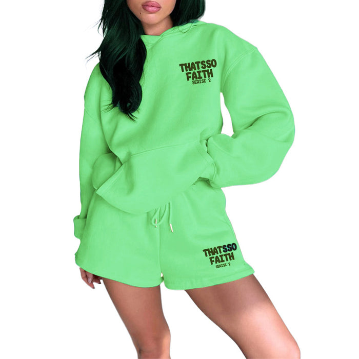 Color-Light Green-Autumn Winter Solid Color Letter Graphic Print Sweatshirt Women Loose Shorts Set-Fancey Boutique