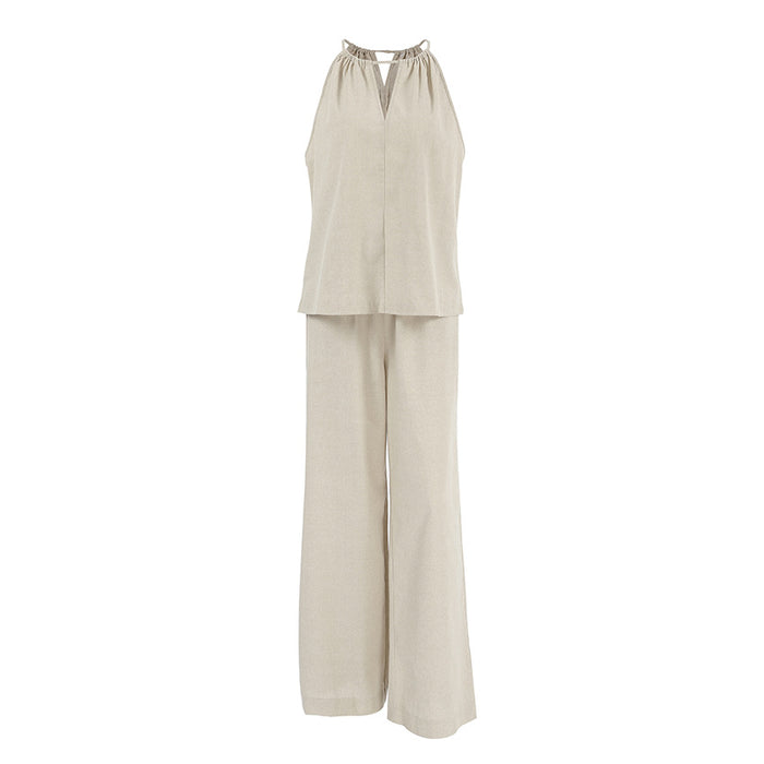 Khaki Cotton Linen Hollow Out Cutout out Tied Sleeveless Halter Vest Wide Leg Pants Set Spring Summer-Fancey Boutique