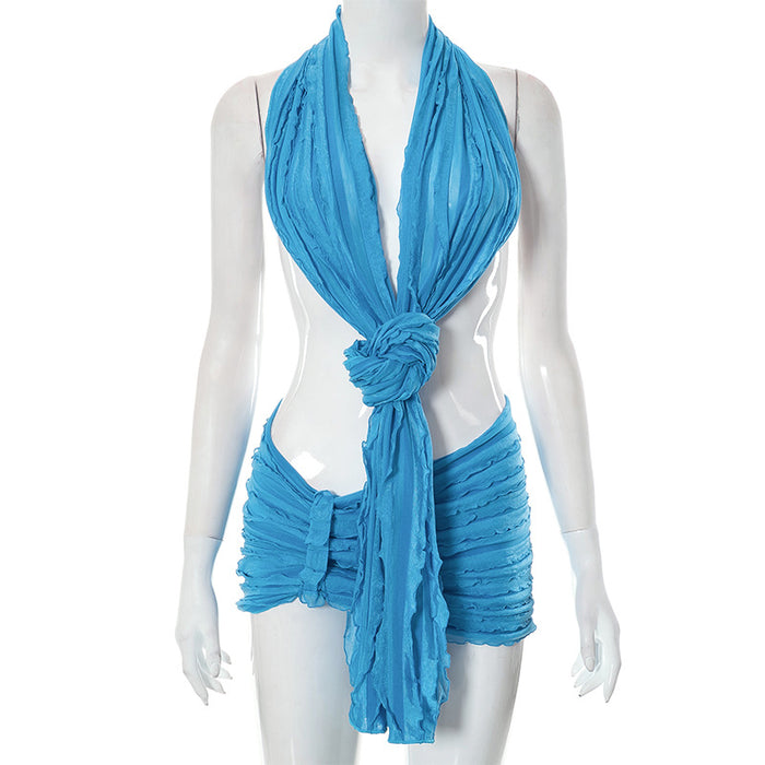 Color-Blue-Women Clothing Summer Wave Pattern Sexy Bandeau Strap Skirt Set-Fancey Boutique