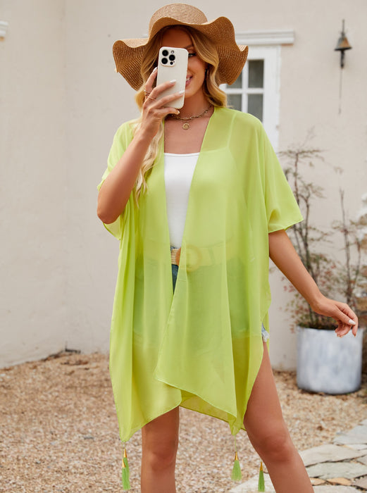 Seaside Blouse See Through Sexy Tassel Thin Cape Solid Color Travel Sun Protection Cardigan-Fluorescent green-Fancey Boutique